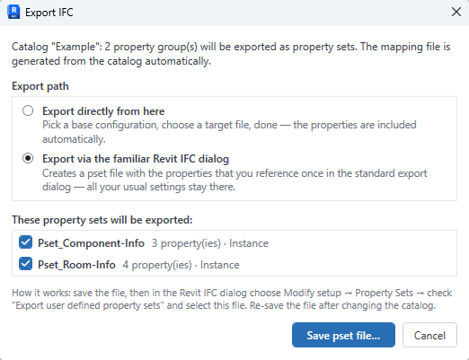 IFC export dialog of the icBIM Parameter Manager: export property sets directly or save a pset file for Revit's standard IFC export dialog