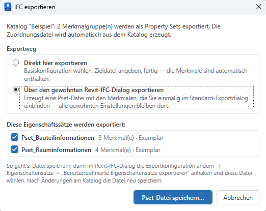 IFC-Export-Dialog des icBIM Parameter Managers: Property-Sets direkt exportieren oder als Pset-Datei für den gewohnten Revit-IFC-Dialog speichern