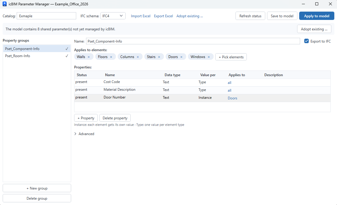 icBIM Parameter Manager: property groups with properties, Excel import/export and applying to the Revit model