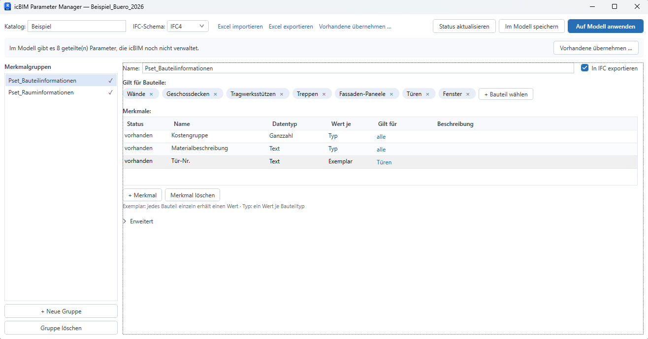 icBIM Parameter Manager: Merkmalgruppen mit Merkmalen, Excel-Import/-Export und Anwenden aufs Revit-Modell