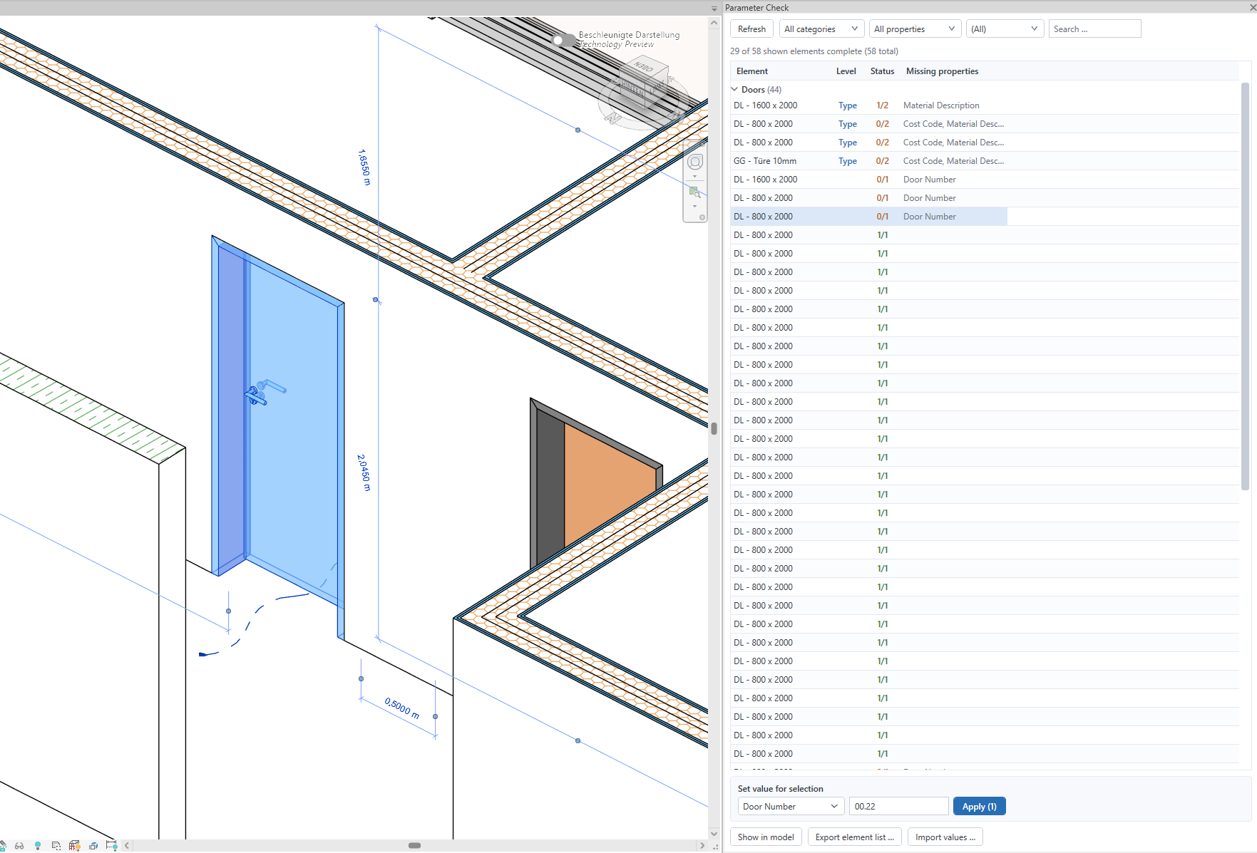 Check panel of the icBIM Parameter Manager in Revit: fill levels per element, missing properties and bulk entry