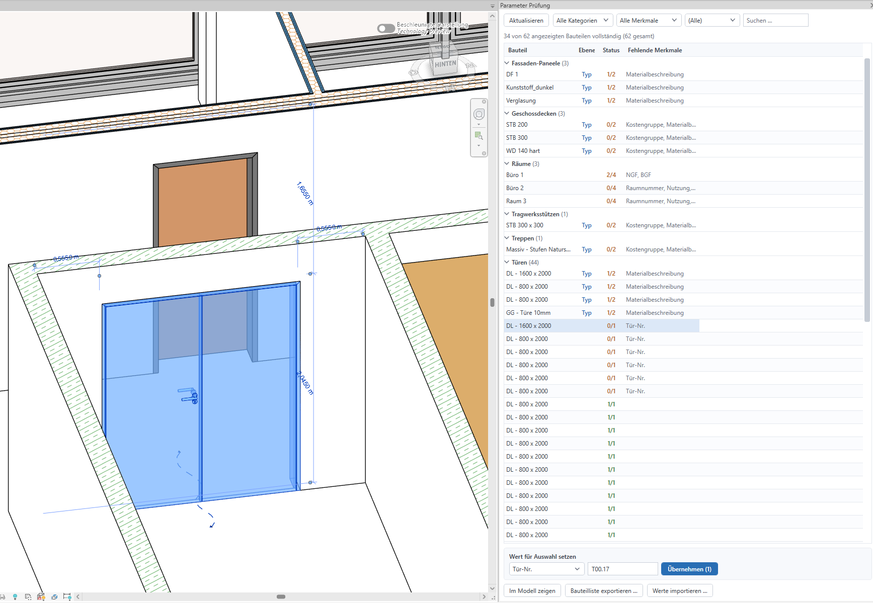 Prüf-Panel des icBIM Parameter Managers in Revit: Füllstände je Bauteil, fehlende Merkmale und Sammel-Eingabe